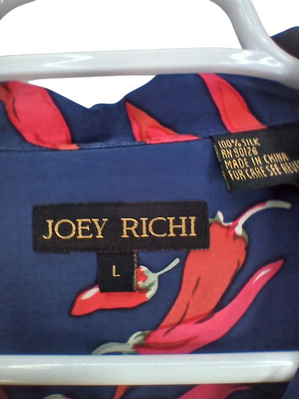Vintage Joey Richi Mens Silk Chili Pepper Print Button Up Shirt Size L Blue Red - Picture 6 of 14